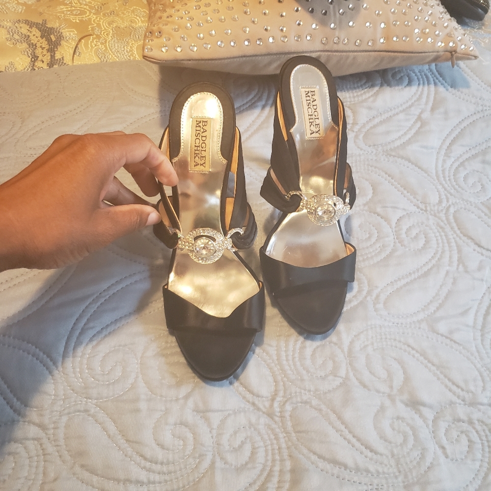 Badgley Mischka Black Satin Rhinestone Mule Slide Crystal  Heels 10